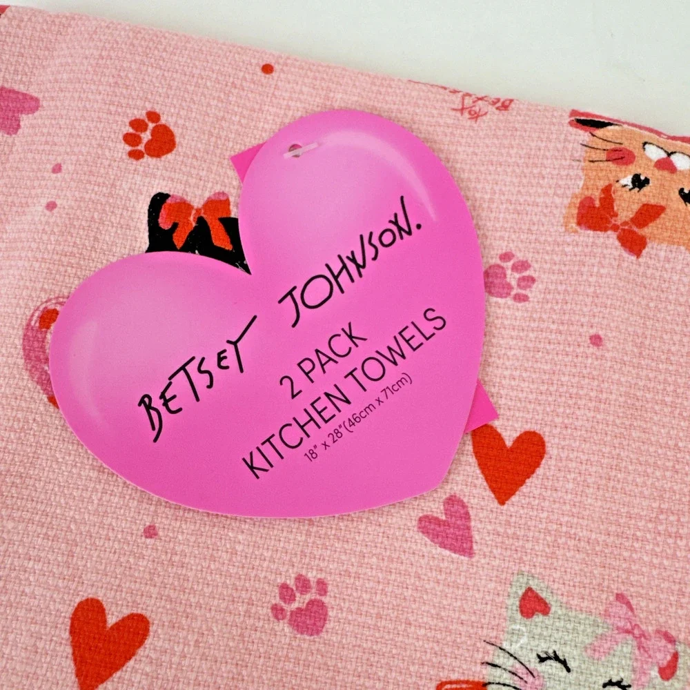 Betsey Johnson kitchen towels cats hearts pink orange valentines 100% cotton new